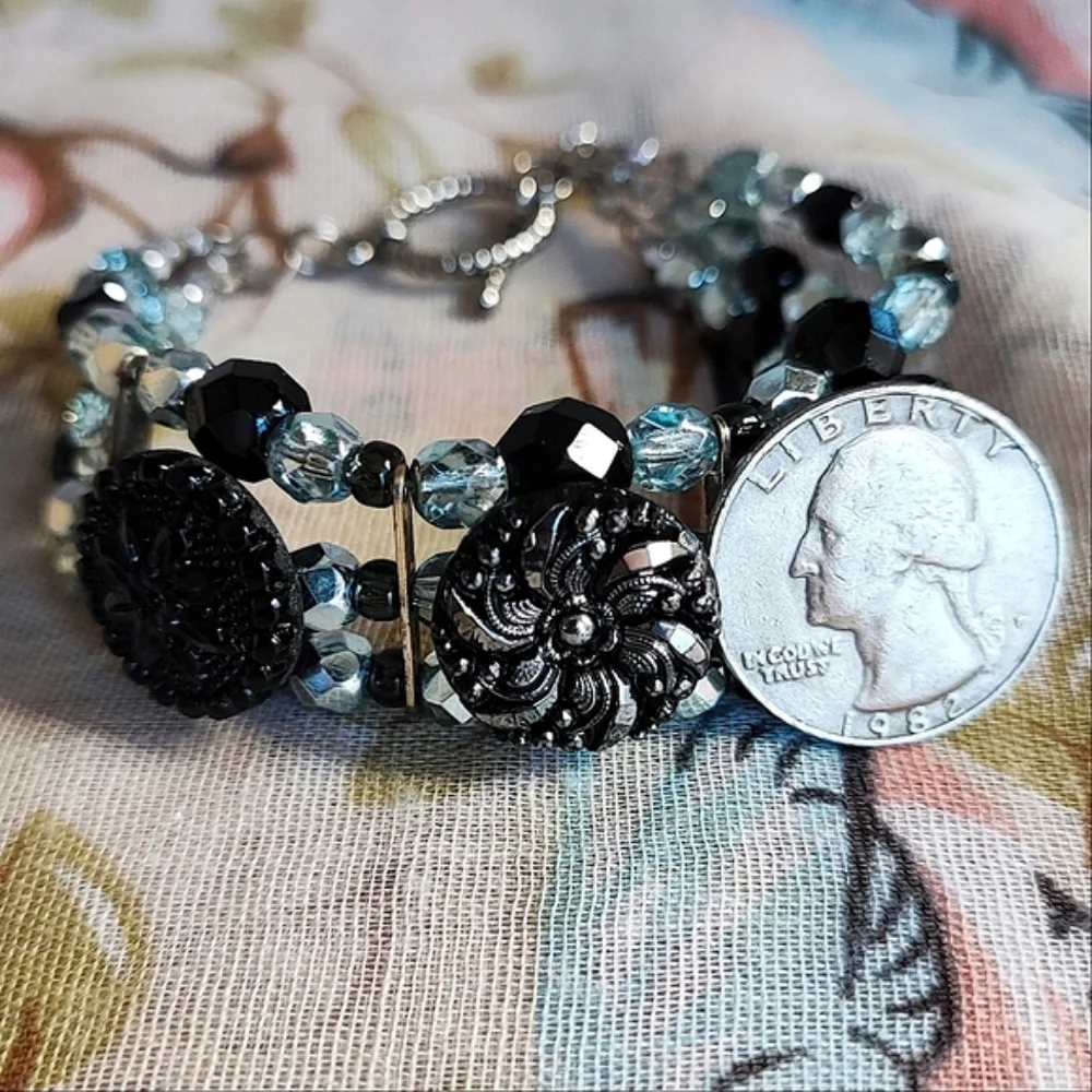 Glass Button Icy Blue Beaded Silver Tone Triple Strand Toggle Clasp Bracelet